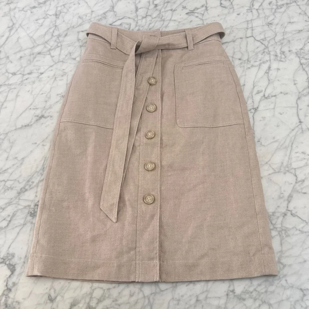 J. Crew | Tan Button Front Skirt in Stretch Linen Sz 0
